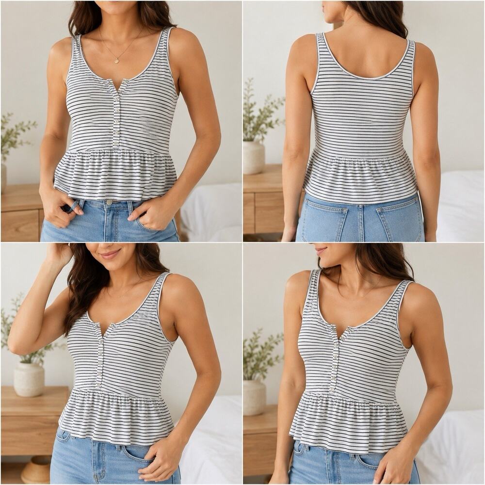 Aeropostale Womens S White Black Stripe Button Front Peplum Tank Top